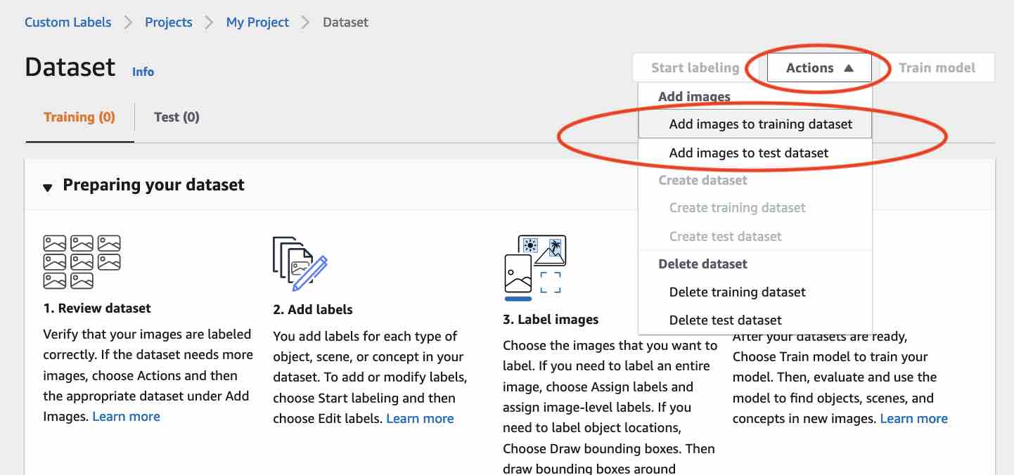 Vue du jeu de données présentant les options permettant d'ajouter des images aux ensembles de données d'entraînement et de test dans le menu Actions.