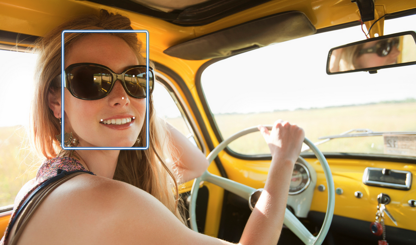 Femme souriante portant des lunettes de soleil conduisant une voiture ancienne jaune avec une route ouverte devant elle.