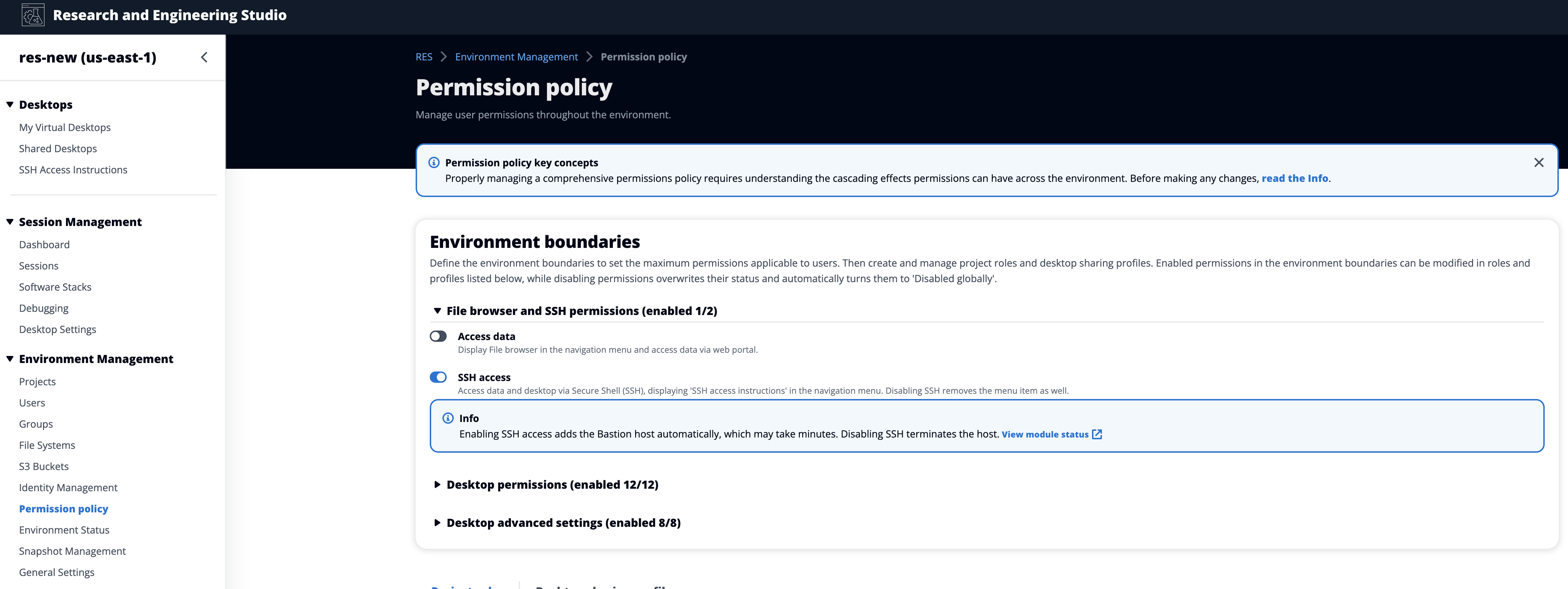 Page de politique d'autorisation sous gestion de l'environnement dans la console d'administration