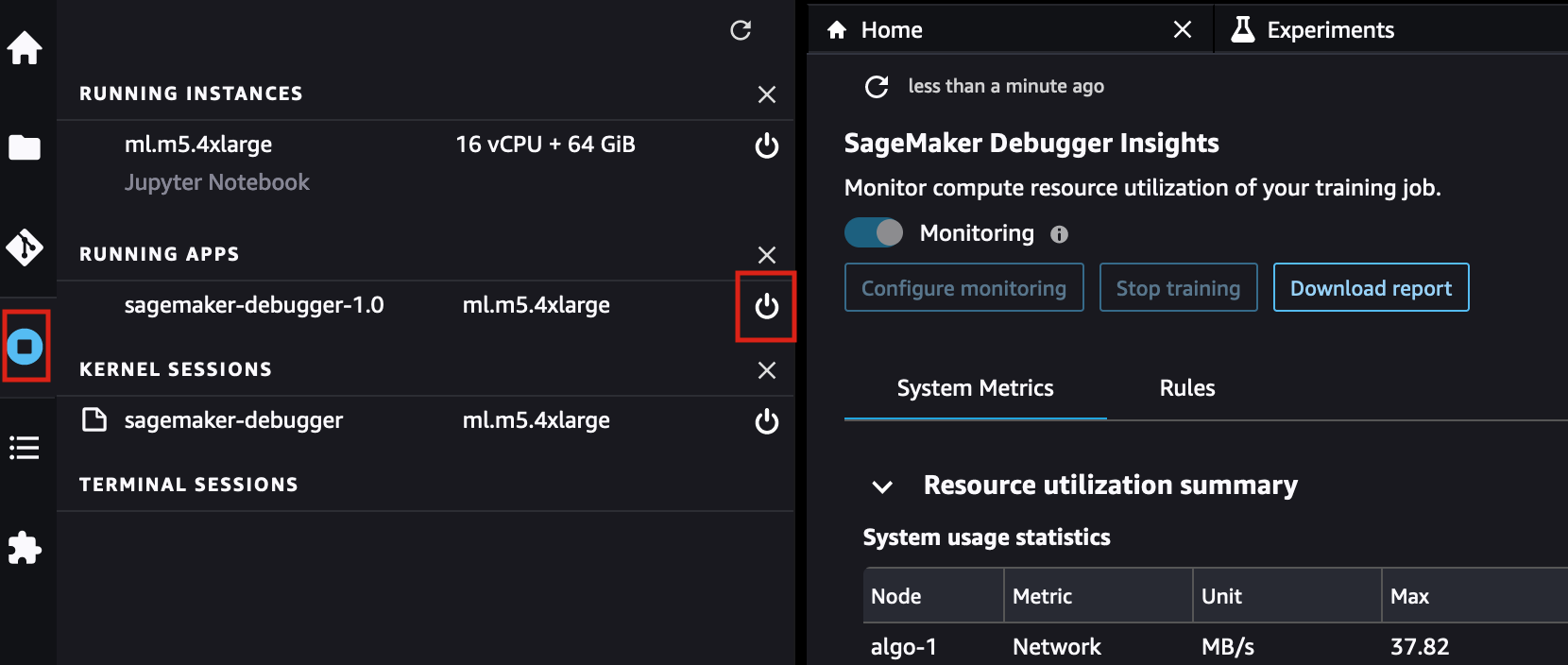 
                Capture d'écran animée qui montre comment arrêter une instance de tableau de bord  SageMaker  Debugger Insights.
            