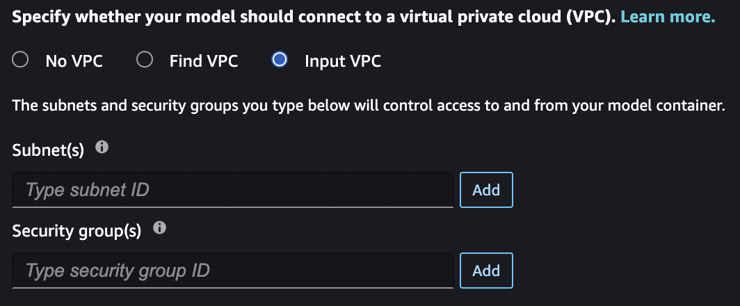
              JumpStart Security Settings VPC section with Input VPC selected.
            