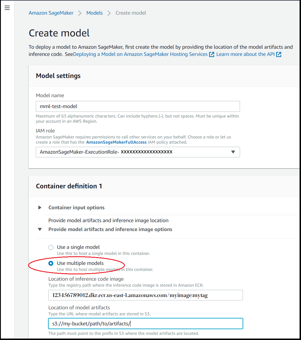
              La section de la page Create model (Créer un modèle) où vous pouvez choisir Use multiple models (Utiliser plusieurs modèles) pour héberger plusieurs modèles sur un seul point de terminaison.
            