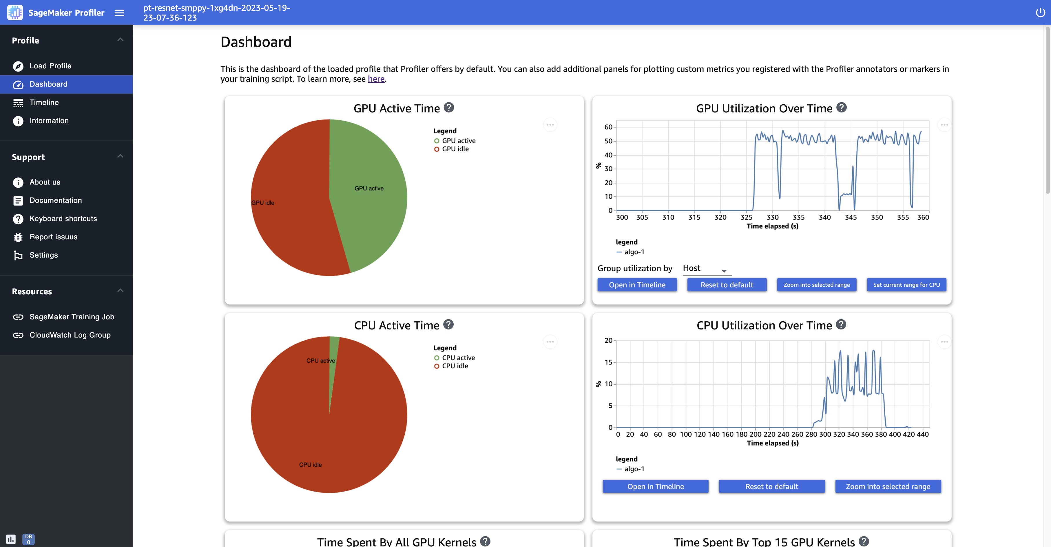 Capture d'écran de la page Tableau de bord dans l'interface utilisateur du SageMaker profileur