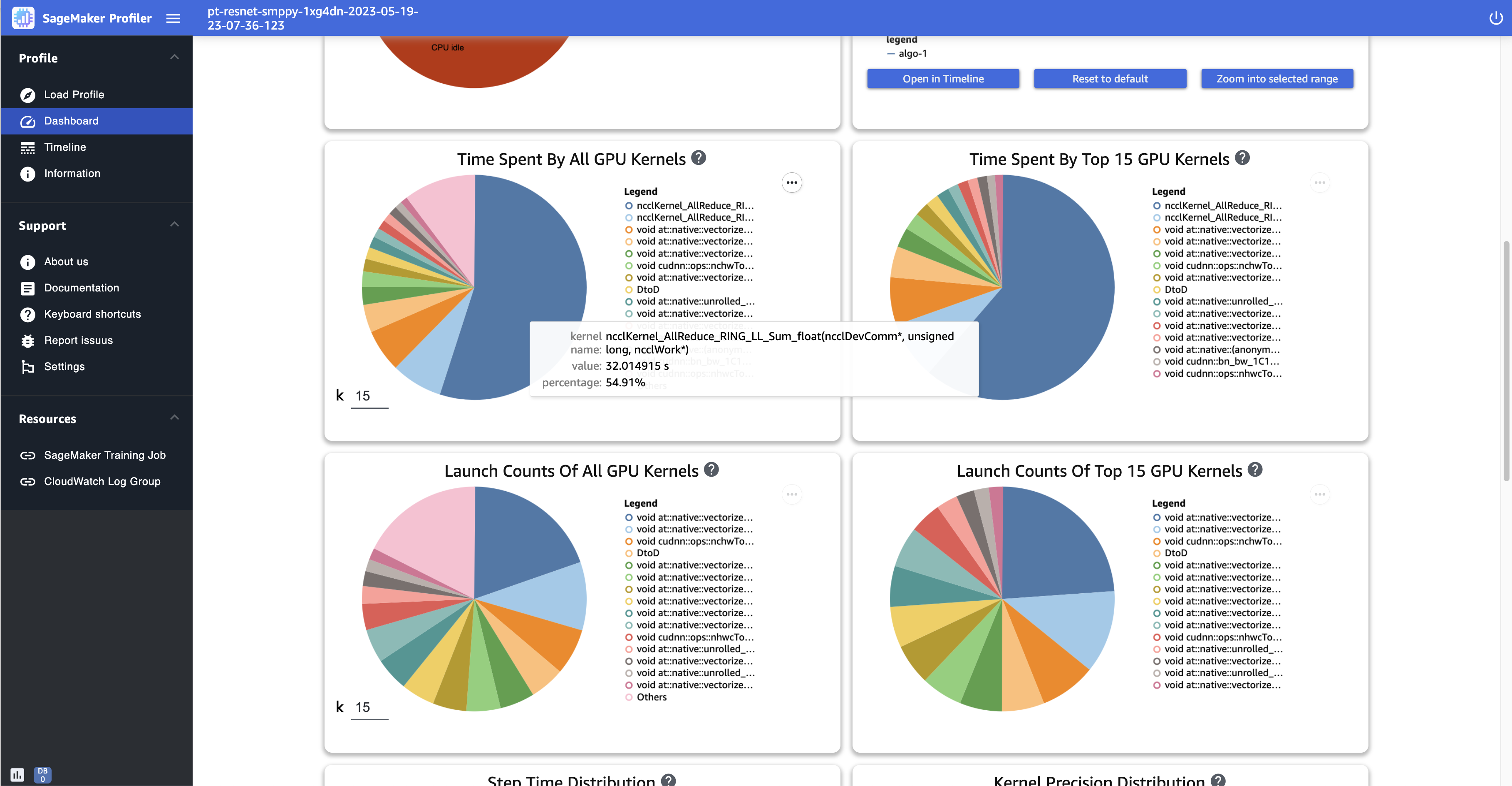 Capture d'écran de la page Tableau de bord dans l'interface utilisateur du SageMaker profileur