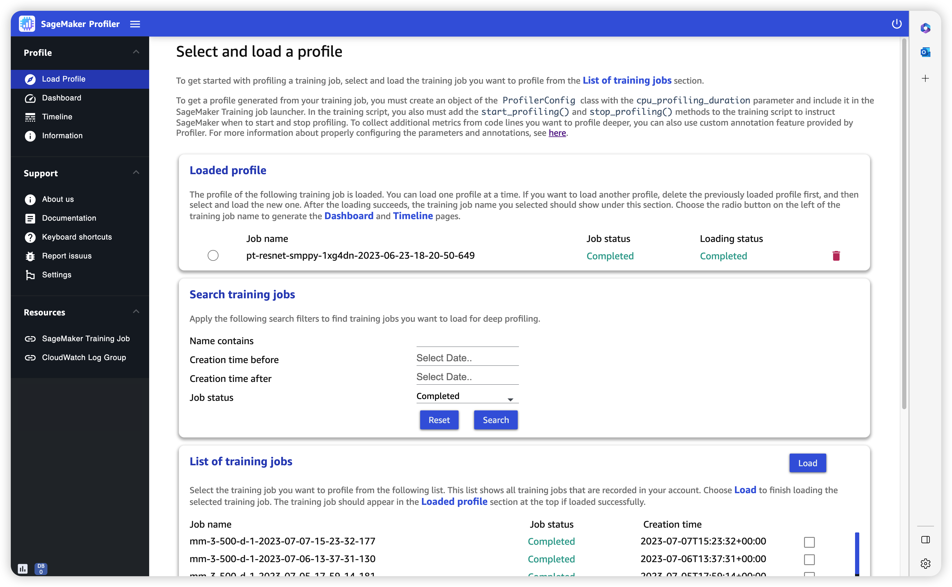 Capture d'écran de la page Charger le profil dans l'interface utilisateur du SageMaker profileur