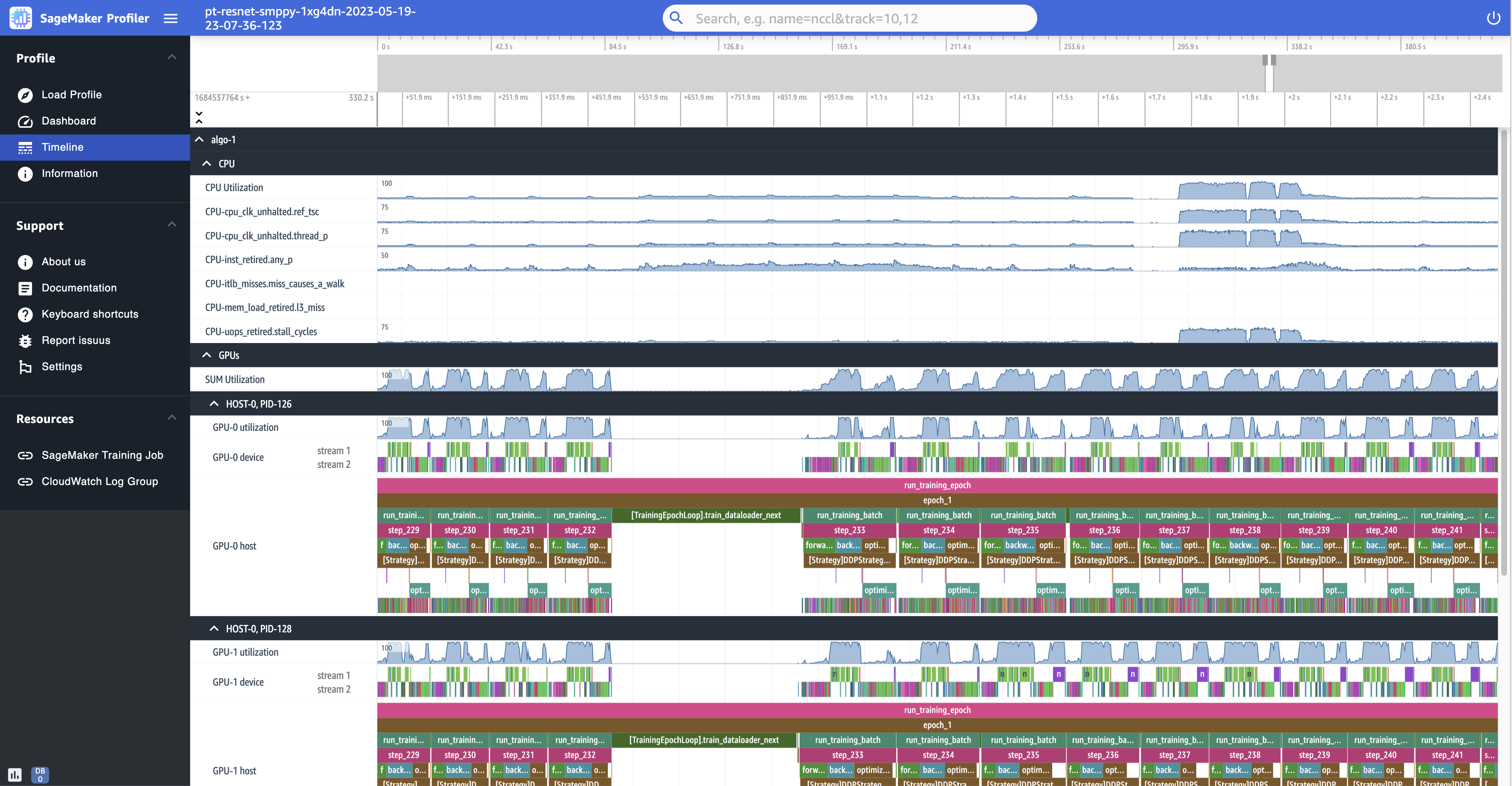 Capture d'écran de la page Timeline de l'interface utilisateur du SageMaker profileur, qui permet de visualiser le profil d'un exemple de tâche de formation.