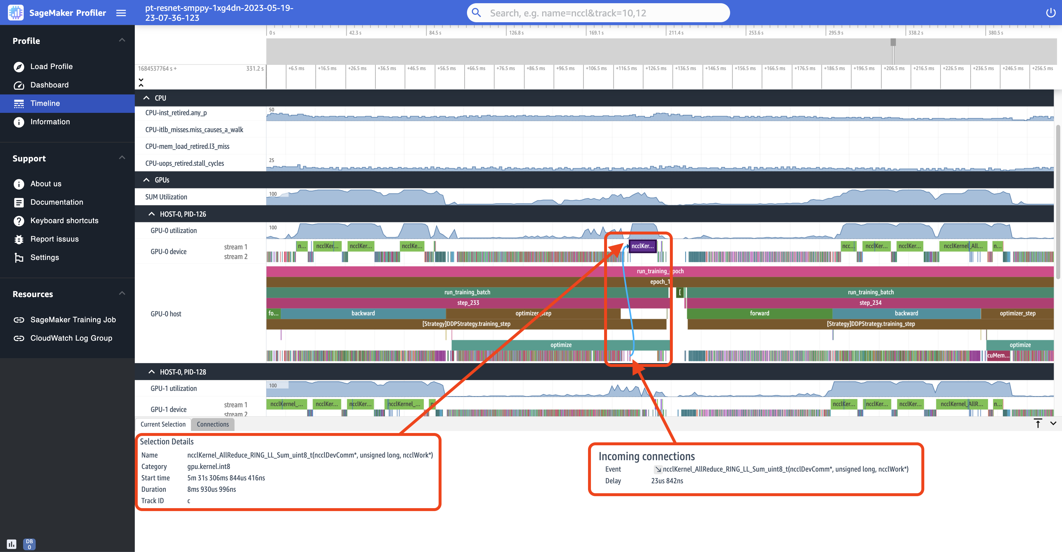 Capture d'écran de la page Timeline dans l'interface utilisateur du SageMaker profileur