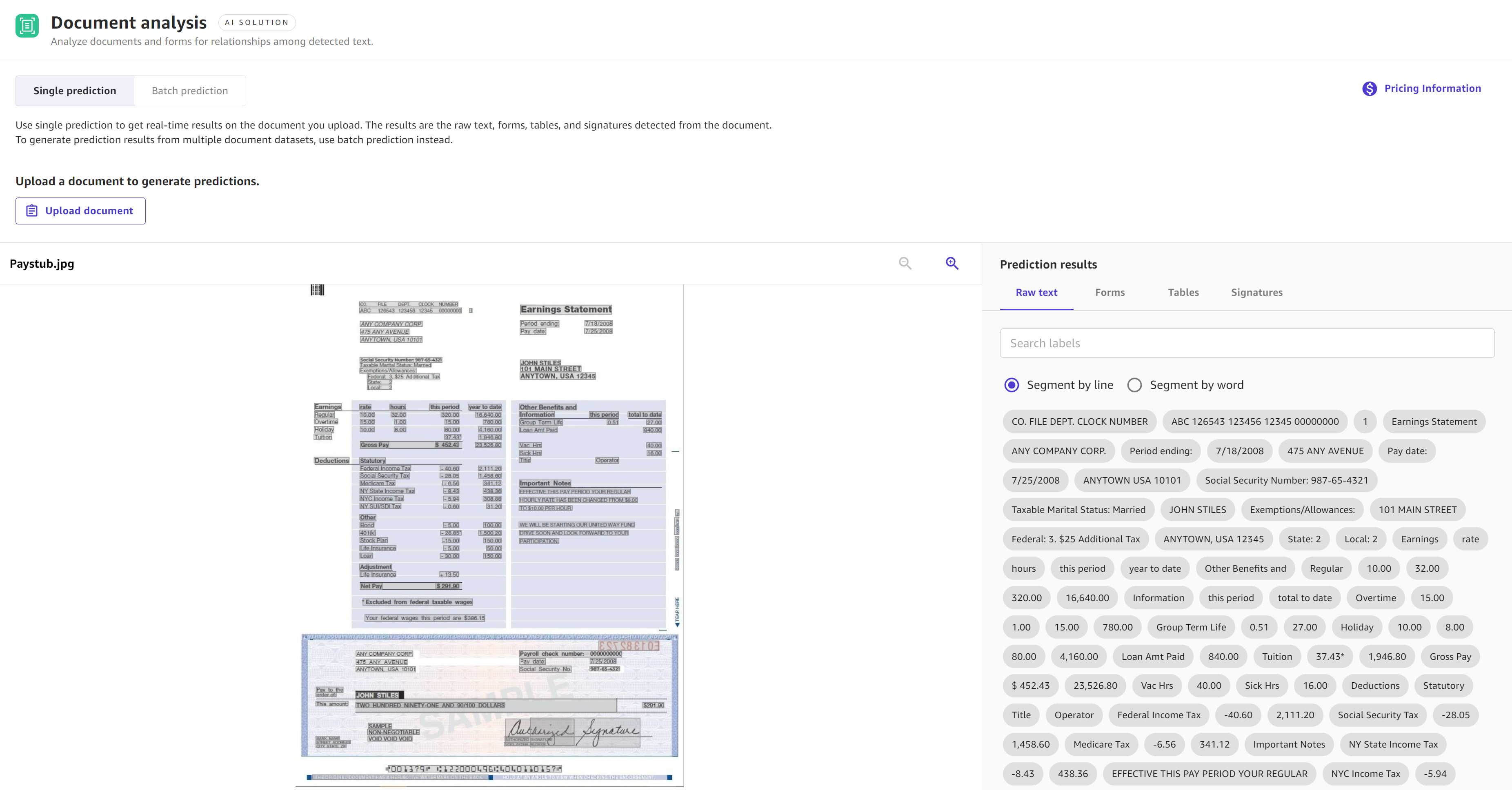 Capture d'écran des résultats d'une seule prédiction avec le eady-to-use modèle R d'analyse de documents.