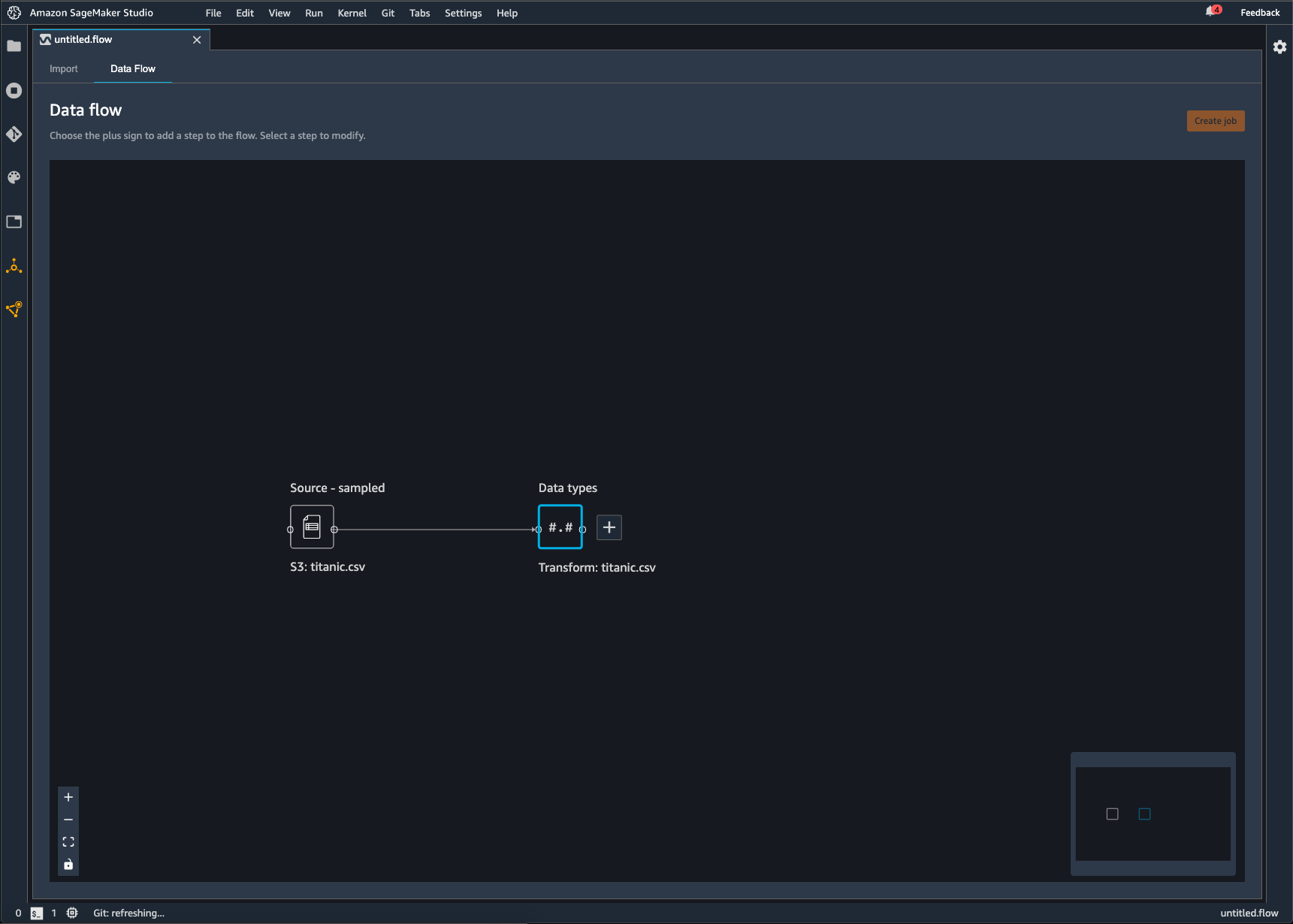 Exemple de flux de données dans la console Data Wrangler.