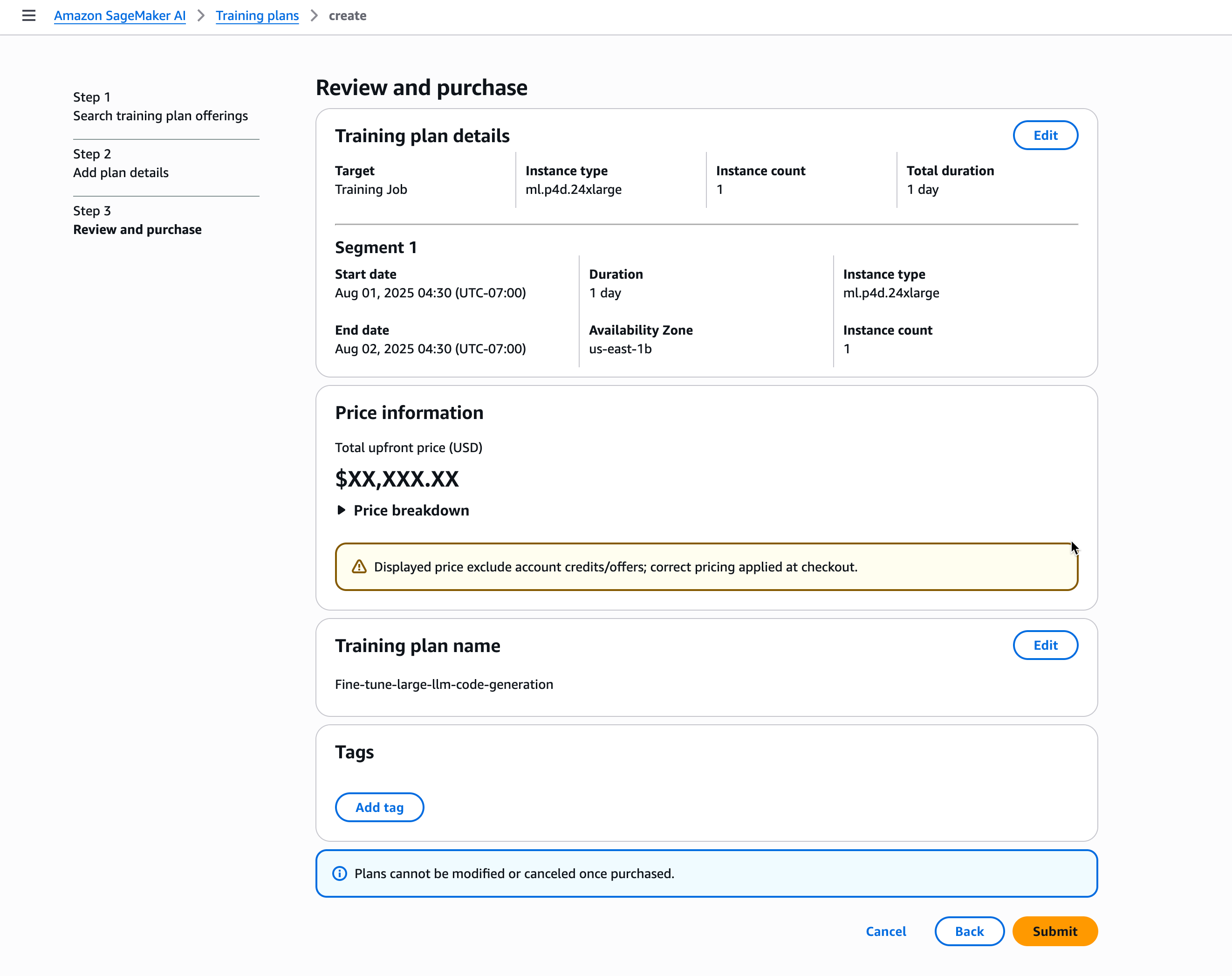 SageMaker Console IA affichant la page « Révision et achat » d'un plan d'entraînement. La page affiche les détails du plan de formation, les informations sur le segment, le prix, le nom du plan et les tags. Des options permettant de modifier, d'annuler, de revenir en arrière ou de créer le plan sont disponibles.