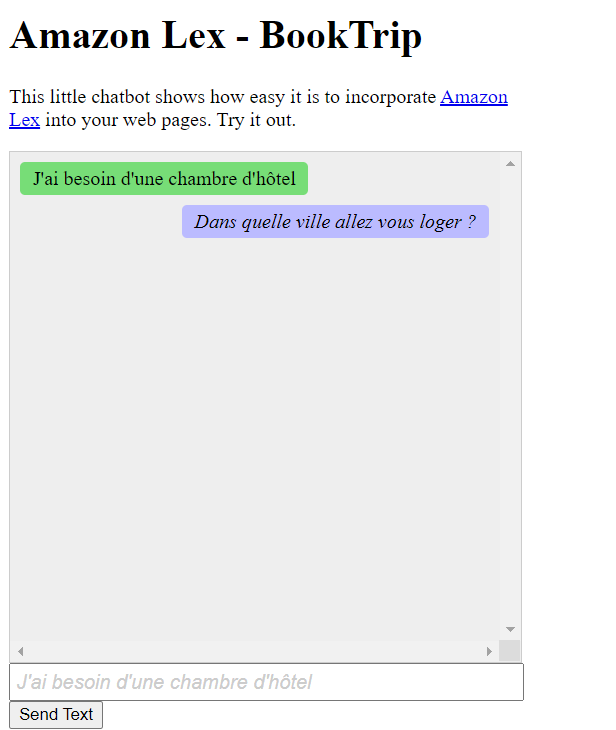 Interface de Chatbot démontrant l' Amazon Lex intégration avec le support en français.