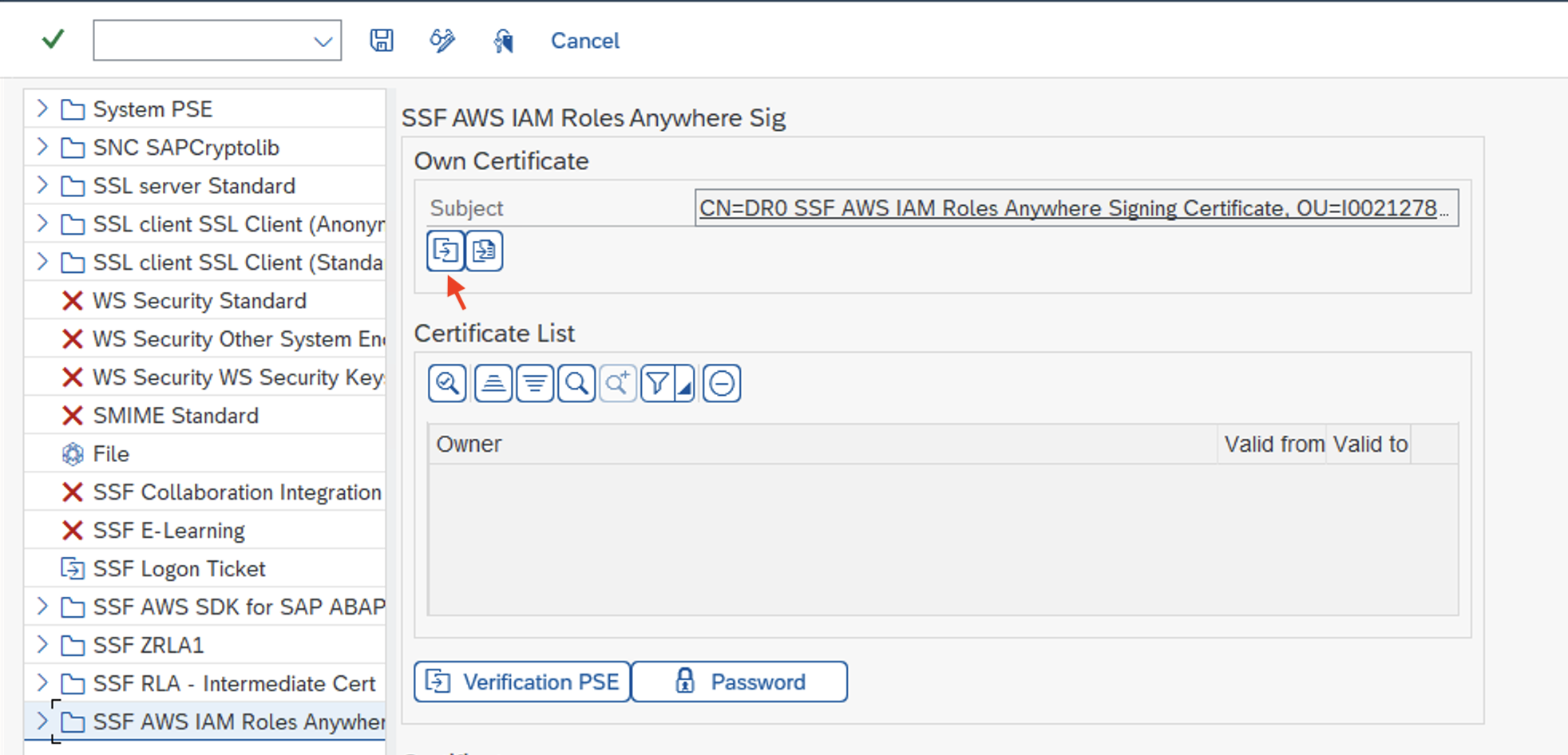 L'icône de création d'une demande de certificat pour le certificat de signature SSF AWS IAM Roles Anywhere.