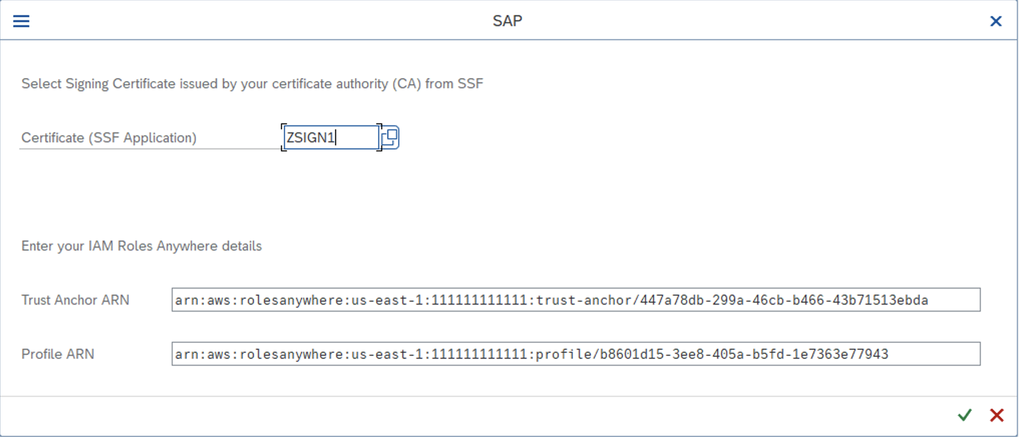 Exemple des Amazon Resource Names (ARN) pour l'ancre et le profil de confiance.