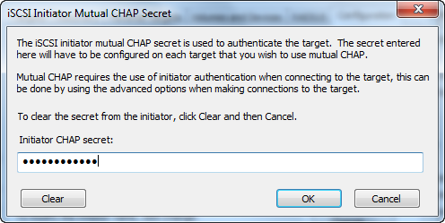 boîte de dialogue secret CHAP mutuel initiateur iSCSI affichant les caractères masqués saisis.
