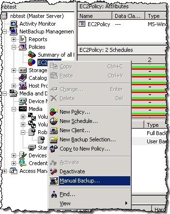 NetBackup écran principal affichant le menu contextuel des politiques avec sauvegarde manuelle surlignée.