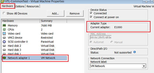 onglet matériel des propriétés de la machine virtuelle VMware avec la carte réseau E1000 sélectionnée.