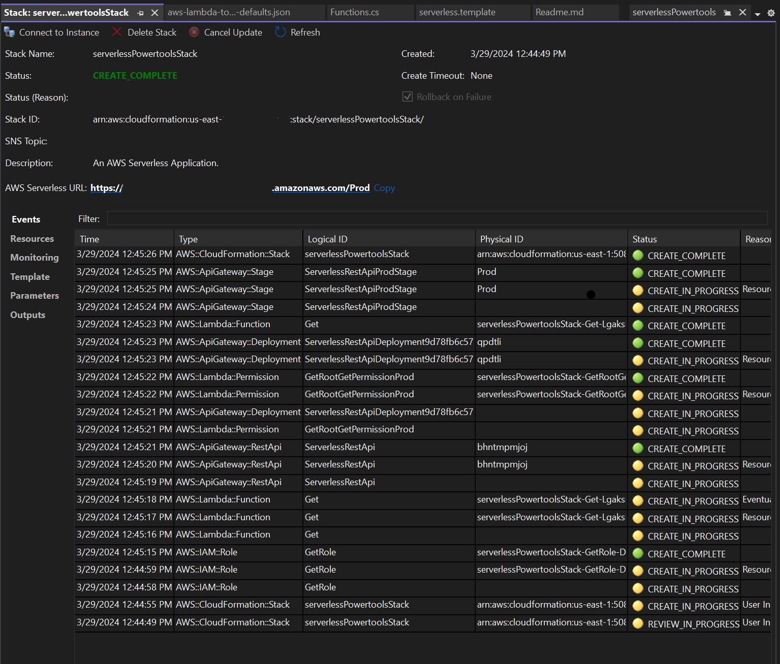 Image de la fenêtre d'affichage de la pile de déploiement dans Visual Studio.