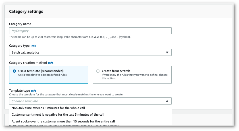 Amazon Transcribe capture d'écran de la console : le panneau « paramètres des catégories » affichant les modèles optionnels.