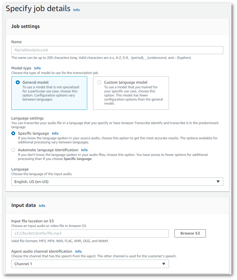 Amazon Transcribe capture d'écran de la console : la page « Spécifier les détails de la tâche ».