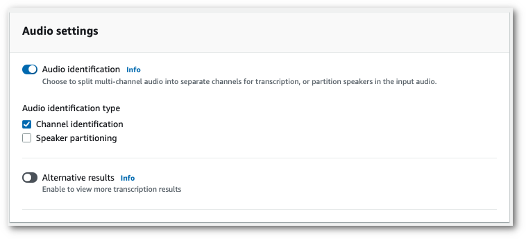 Amazon Transcribe page « Configurer le travail » de la console. Dans le volet « Paramètres audio », vous pouvez activer l’identification des canaux.