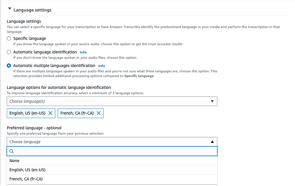 Capture d'écran de la console Amazon Transcribe : menu déroulant de sélection du code de langue.