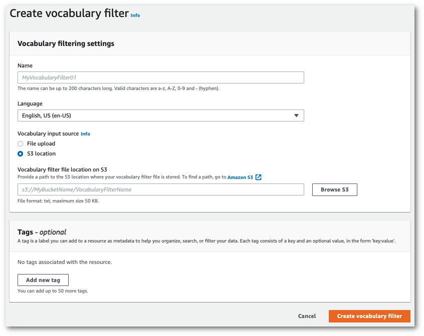Amazon Transcribe capture d'écran de la console : la page « créer un filtre de vocabulaire ».