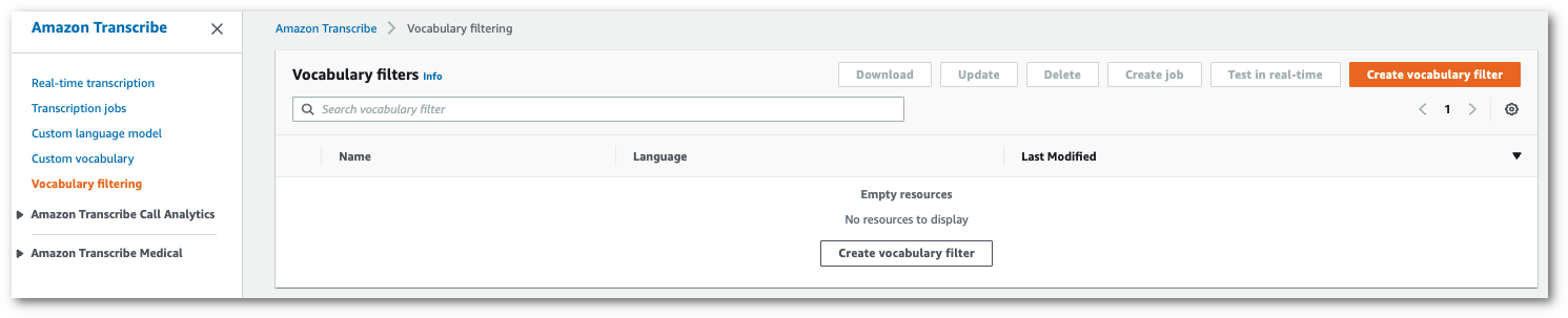 Amazon Transcribe capture d'écran de la console : la page « filtres de vocabulaire ».