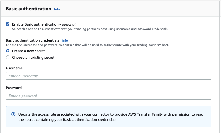 La page Créer un connecteur dans la AWS Transfer Family console, qui affiche la section Authentification de base avec l'option Créer un nouveau secret choisie.