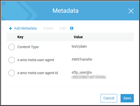L'écran des métadonnées affiche des informations sur les métadonnées des objets Amazon S3 pour AWS Transfer Family.