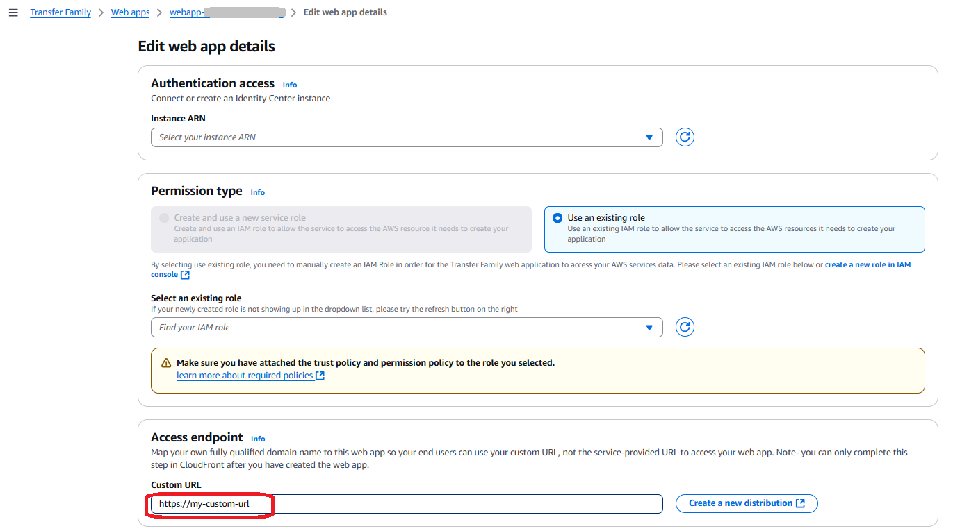 Écran présentant un point de terminaison d'accès personnalisé pour une application Web Transfer Family.