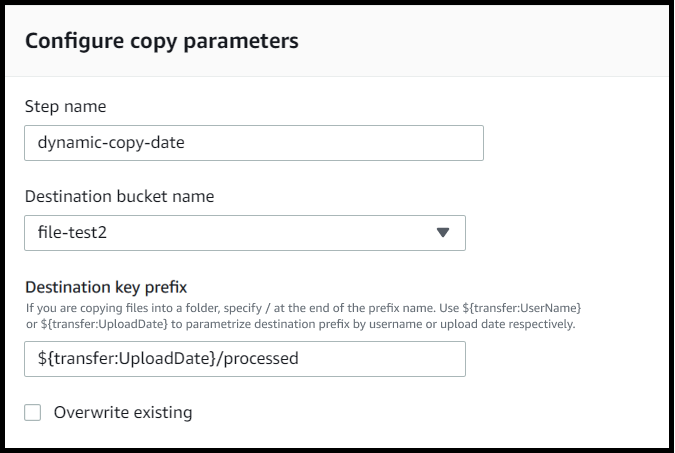 Écran de paramètres pour une étape de copie, montrant le compartiment et la clé, paramétrés à l'aide de. UploadDate