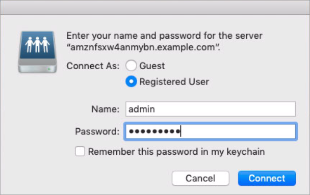 
                      Mac connection screenshot showing how to enter user credentials for the file system
                        pane.
                    