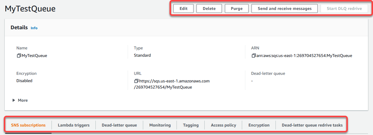 Halaman detail antrian di konsol Amazon SQS.
