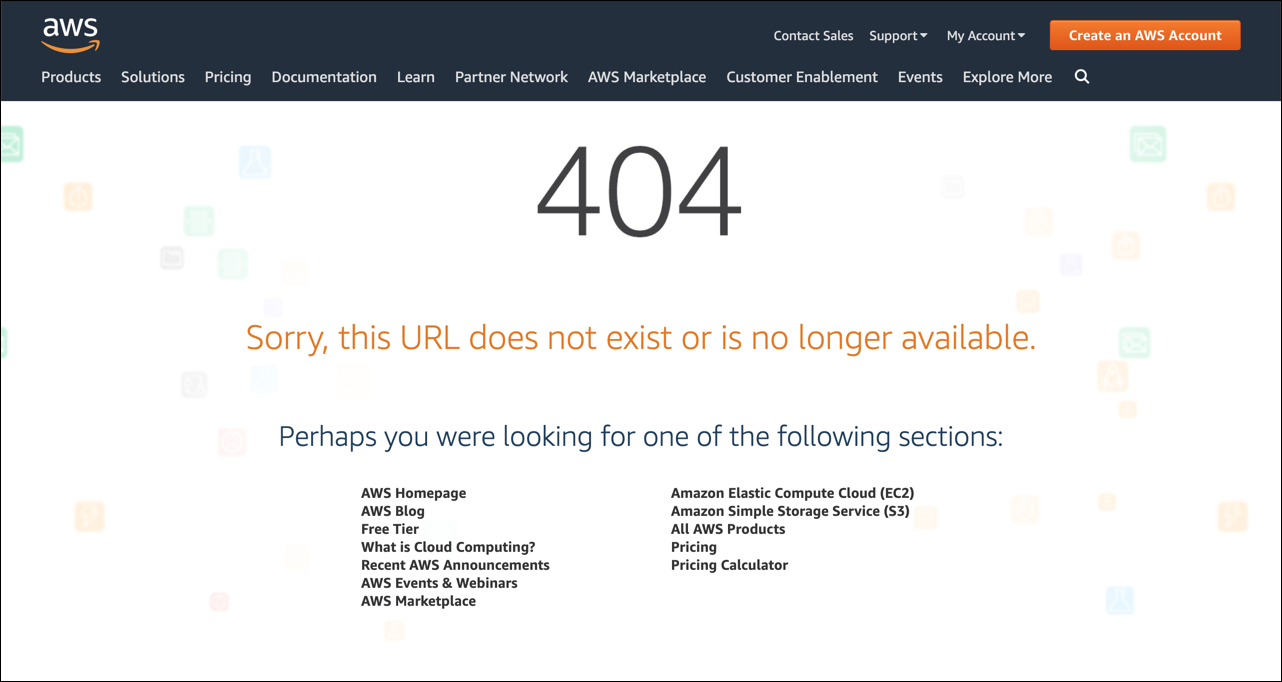 Screenshot dari contoh halaman AWS 404 kustom.