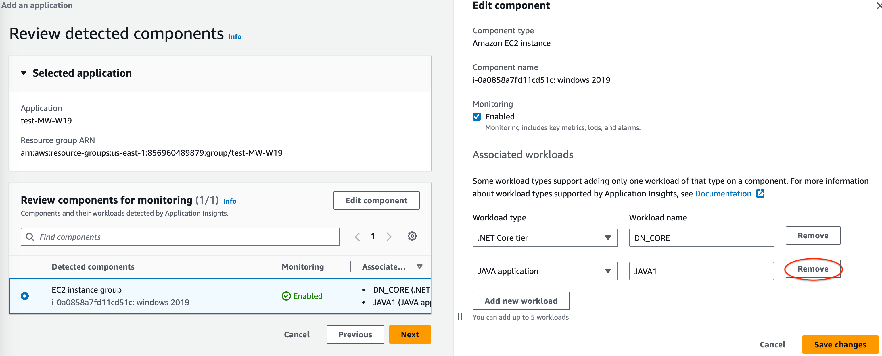 Bagian edit komponen konsol CloudWatch Application Insights: menghapus beban kerja.