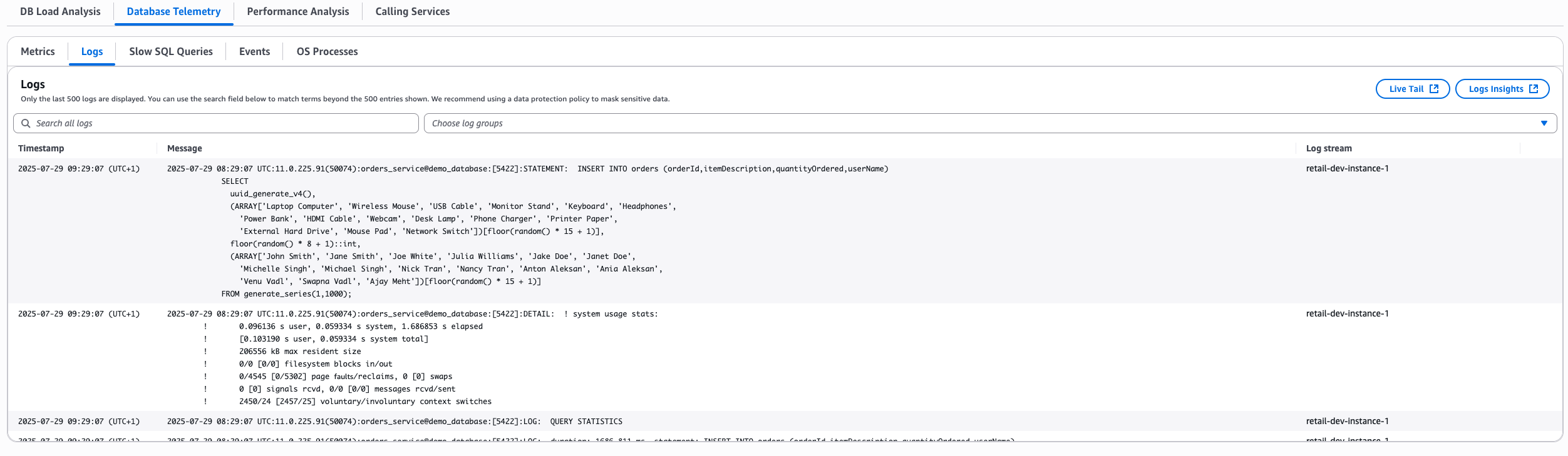 Telemetri database di Dasbor Instans Database