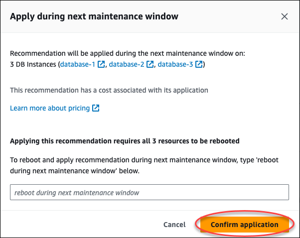 Jendela konfirmasi di konsol untuk menjadwalkan penerapan rekomendasi di jendela pemeliharaan berikutnya