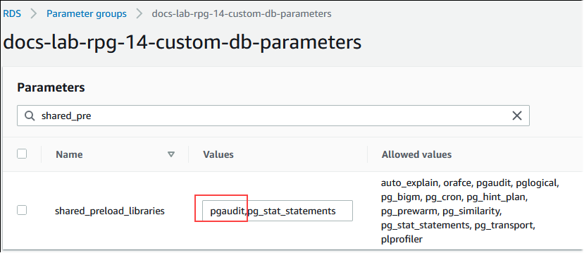 Gambar parameter shared_preload_libaries dengan pgAudit ditambahkan.