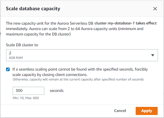 Mengatur kapasitas untuk Aurora Serverless v1 klaster DB dengan konsol
