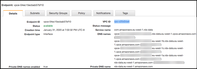 Menautkan ke detail titik akhir Amazon VPC
