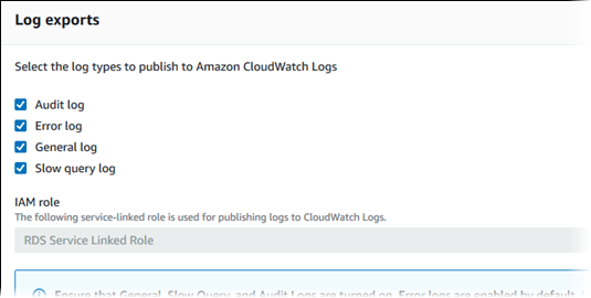 Pilih log yang akan diterbitkan ke Log CloudWatch