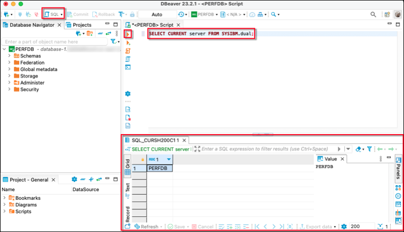 Jendela yang menunjukkan cara menjalankan perintah SQL dan melihat hasilnya di DBeaver.