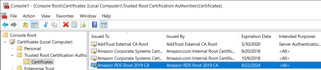 Di MMC konsol, di panel navigasi, folder Sertifikat dipilih dibor dari Root Konsol, Sertifikat (Komputer Lokal), dan Otoritas Sertifikasi Root Tepercaya. Di halaman utama, pilih sertifikat CA yang diperlukan.