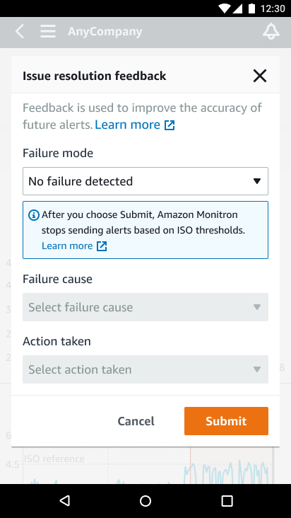 Issue resolution feedback form with failure mode, cause, and action taken fields.