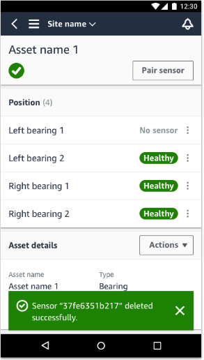 Mobile app interface showing asset details with sensor positions and health statuses.