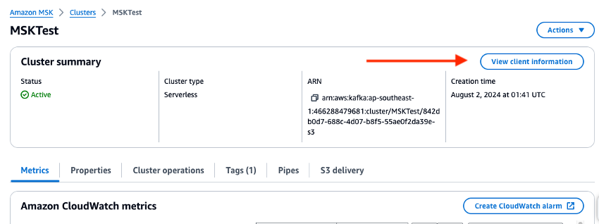 Amazon MSKklaster summary showing active status, serverless type, and creation details.
