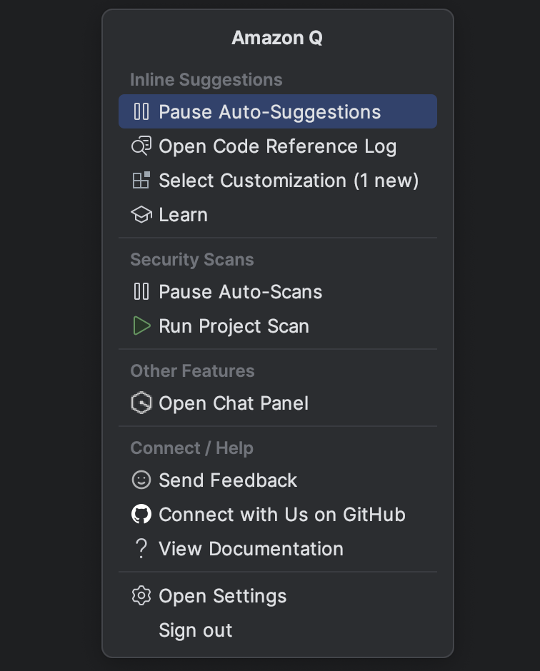 Bilah tugas Amazon Q di JetBrains IDE.