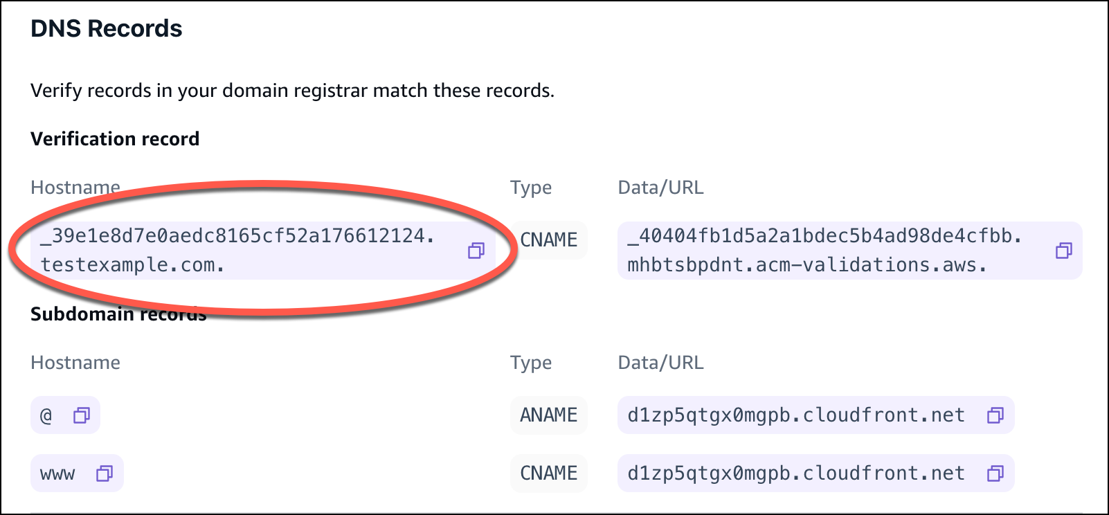 Screenshot dari bagian catatan DNS di konsol Amplify dengan catatan verifikasi Hostname dilingkari.