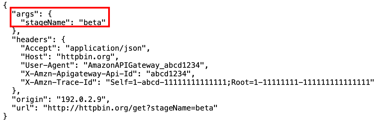 Respons dari metode GET API dengan titik akhir HTTP menggunakan variabel tahap url.