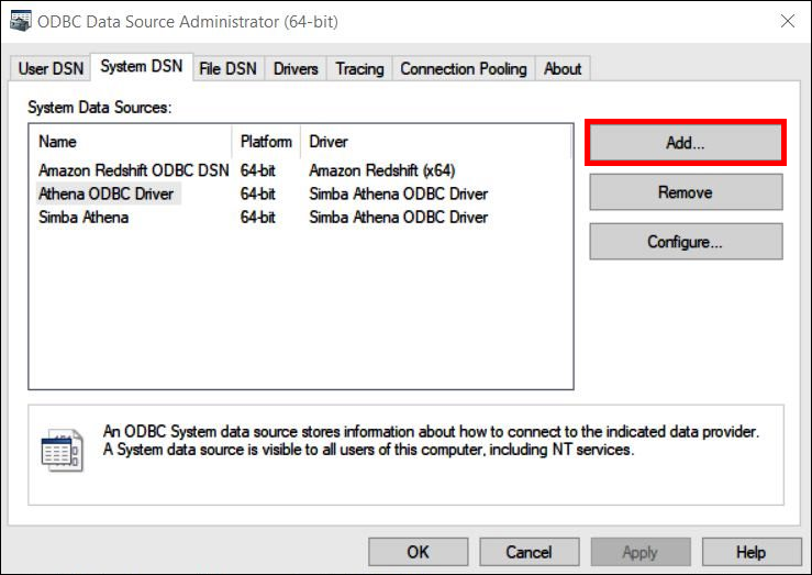 PilihMenambahkanuntuk menambahkan sumber data ODBC.